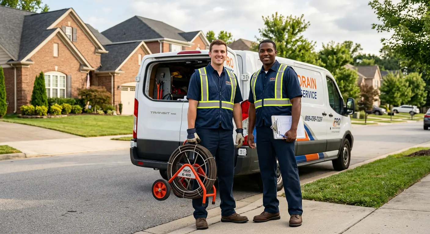 Sewer and drain service team with equipment ready for work in Vernon