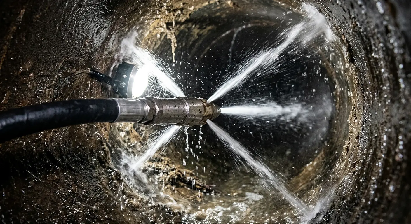 High-pressure hydro jetting nozzle cleaning sewer pipe for Emergency Drain Service in Vernon