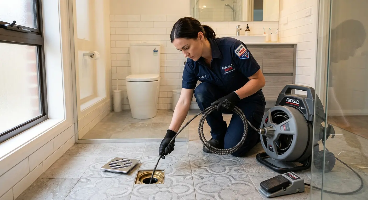 Technician clearing a bathroom floor drain for Drain Repair in Vernon